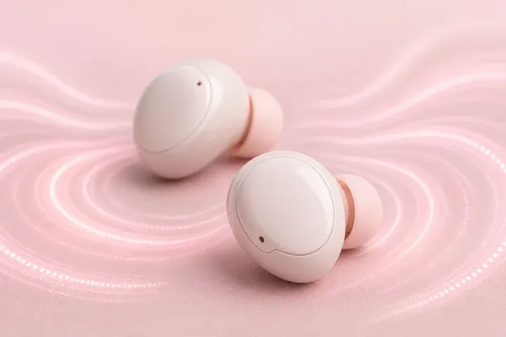 Wireless earbuds surrounded by gentle pink sound-wave patterns