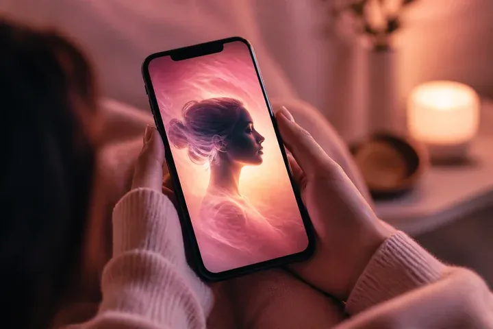 Smartphone displaying a softly glowing portrait in warm pink light