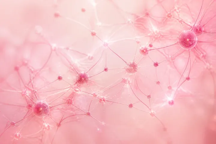 Delicate pink neural network with glowing nodes and connections